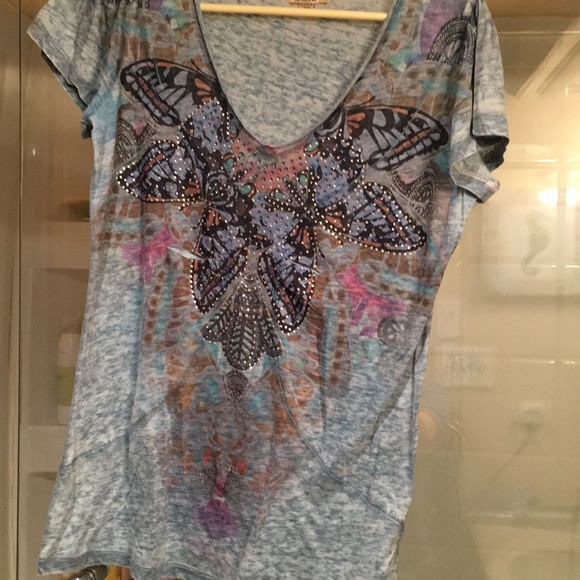 ONE WORLD Tops - One world butterfly Blingy blue top size small